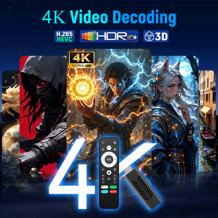 Compact Android TV Stick Media Player, Quad Core Processor, 4K Support, IR Remote, WiFi