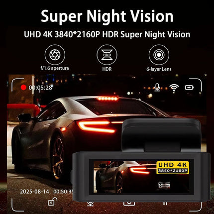 Dual Lens 4K Front + 1080P Rear Dash Camera with WiFi & Car Charger – Black