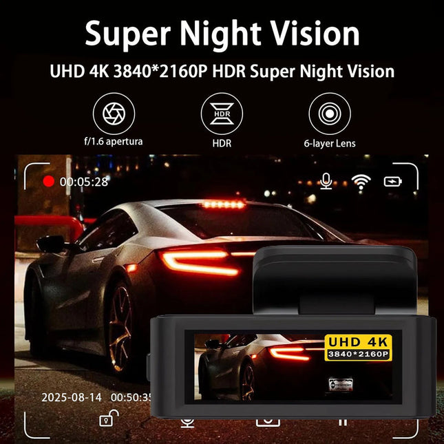 Dual Lens 4K Front + 1080P Rear Dash Camera with WiFi & Car Charger – Black
