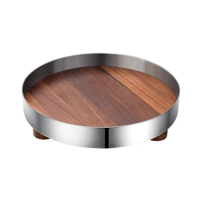 Nordic Walnut and Stainless Steel Serving Tray with Raised Base Design for Fruit Storage and Home Organisation