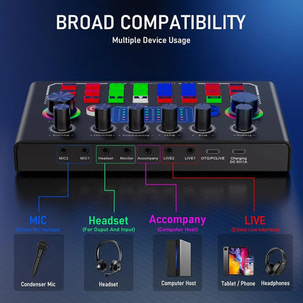 Wireless Bluetooth Sound Card Mixer with Microphone for PC and Mobile Recording Livestream