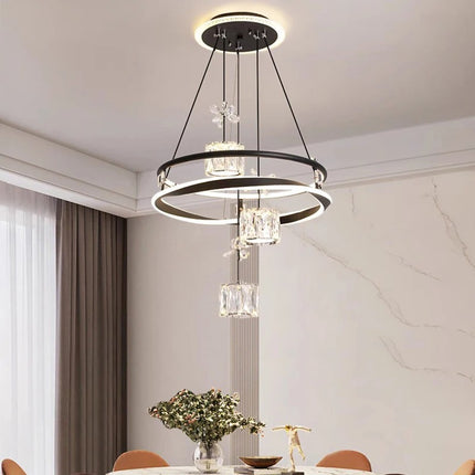 Modern Black Crystal Pendant Ceiling Light Aluminium Frame Indoor Decorative Hanging Lamp