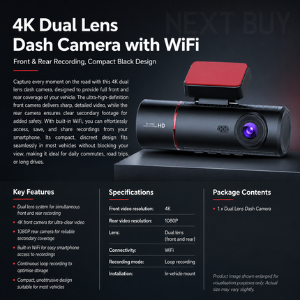 4K Dual Lens Dash Camera with WiFi – Front & Rear Recording, Compact Black Design