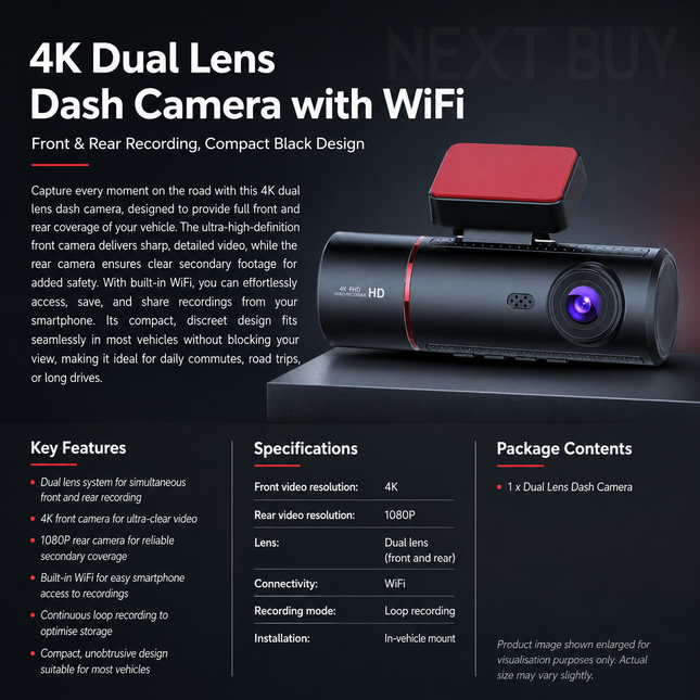 4K Dual Lens Dash Camera with WiFi – Front & Rear Recording, Compact Black Design