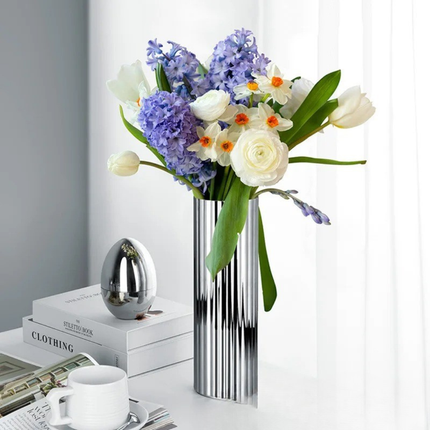 Striped Stainless Steel Vase – Modern Cylinder Design with Mirror Finish