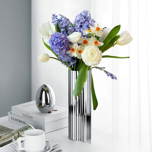Striped Stainless Steel Vase – Modern Cylinder Design with Mirror Finish