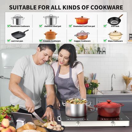 2-Burner Smart Countertop Cooktop with Micro-Crystal Glass Panel and 9 Heat Settings