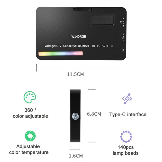 Compact RGB LED Fill Light for Camera and Smartphone, Cordless Rechargeable Video Light with Wide 120° Beam