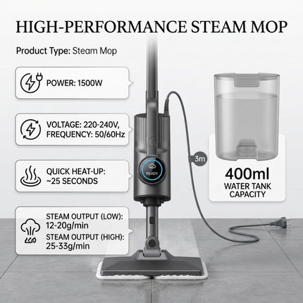 1500W Steam Mop with Fast Heat-Up and 3m Power Cord for Hard Floors