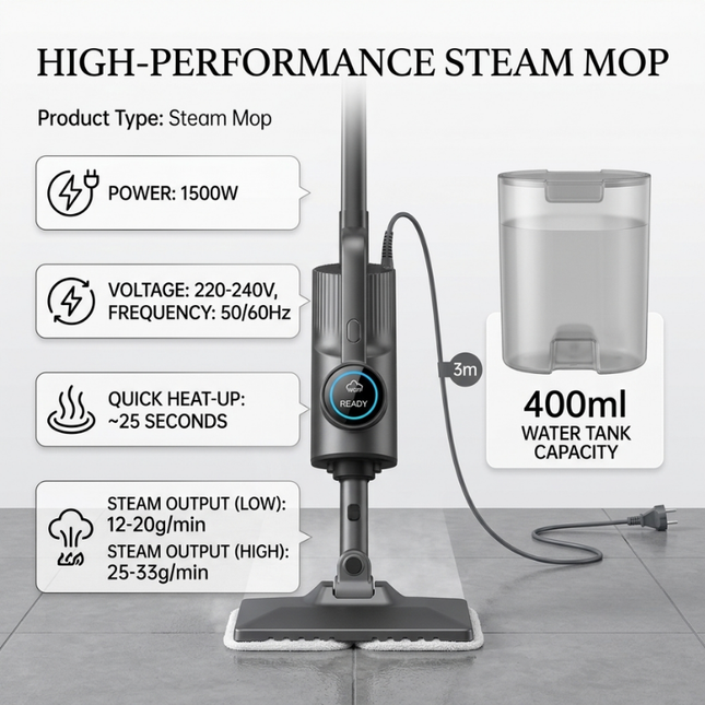 1500W Steam Mop with Fast Heat-Up and 3m Power Cord for Hard Floors