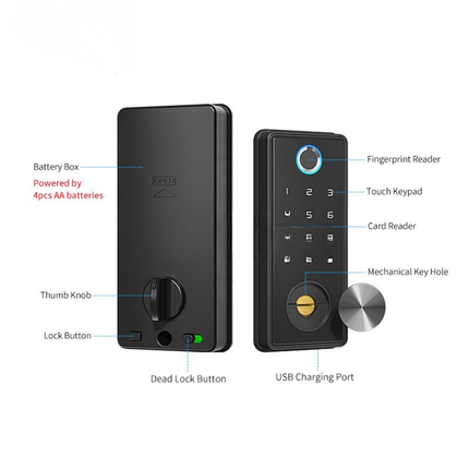 Electronic Fingerprint Door Lock with App Control, RFID Card, Password and Key Access