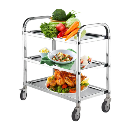 3-Tier Stainless Steel Service Trolley with 4-Inch Wheels for Kitchen and Restaurant Use