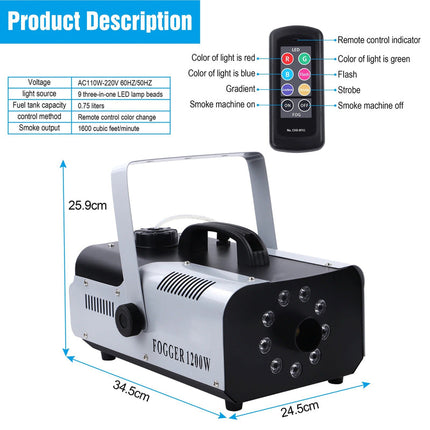 1200W Portable Stage Fog Machine with 9 RGB LED Lights and Wireless Long-Range Remote
