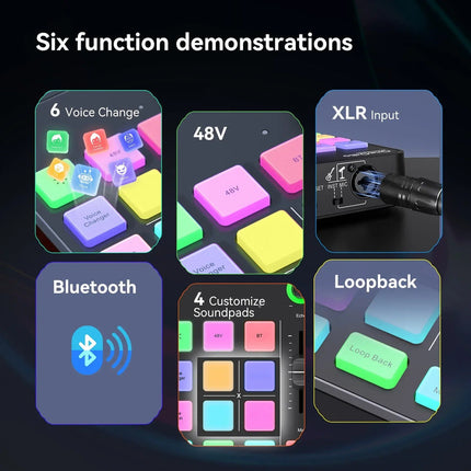 Portable USB Audio Mixer with Bluetooth 4.2, 48kHz/16-Bit Sampling, Headphone Monitoring Output