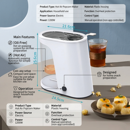 1200W Household Hot Air Popcorn Maker, Compact Electric Kitchen Appliance