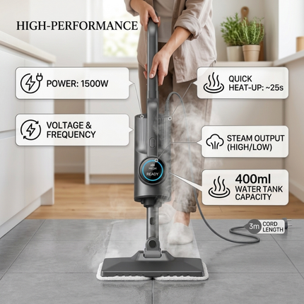 1500W Steam Mop with Fast Heat-Up and 3m Power Cord for Hard Floors