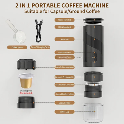 Mini Portable USB Coffee Machine for Capsules & Ground Coffee, 16–20 Bar, 0.6L Water Tank