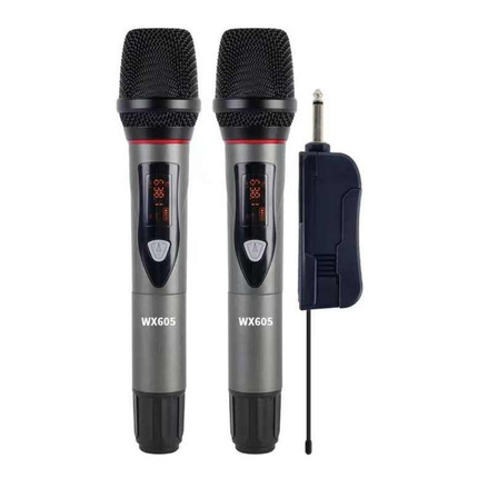 Dual UHF Wireless Microphone System with Receiver, Rechargeable Battery and Adapter