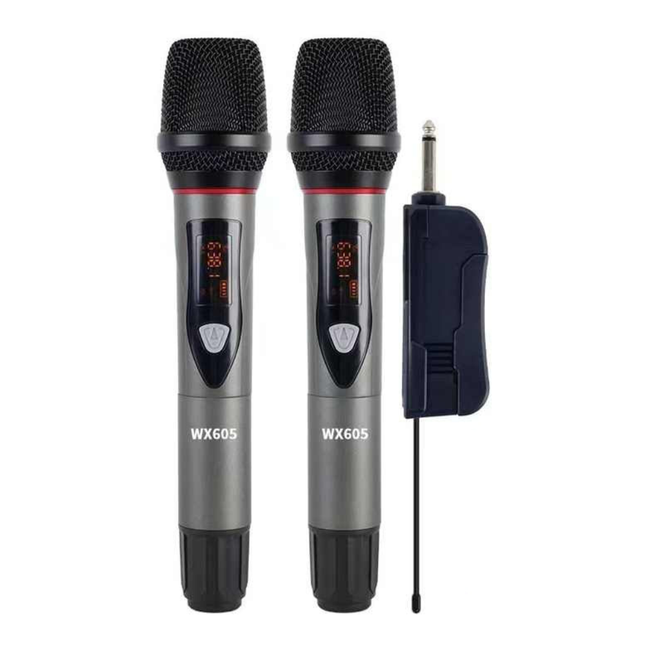 Dual UHF Wireless Microphone System with Receiver, Rechargeable Battery and Adapter