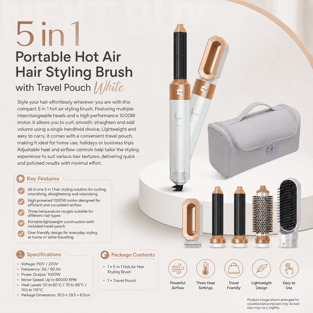 5 in 1 Portable Hot Air Hair Styling Brush with Travel Pouch White