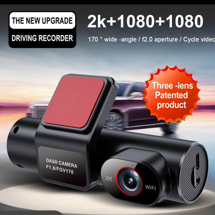 Triple Camera WiFi Car Dash Recorder with 2K Front and Dual 1080p Views Black