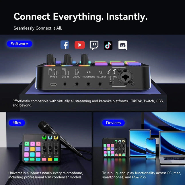 Portable USB Audio Mixer with Bluetooth 4.2, 48kHz/16-Bit Sampling, Headphone Monitoring Output