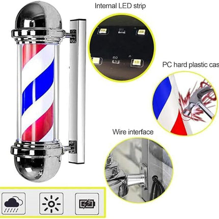 Rotating LED Barber Pole Light Wall Mount Salon Open Sign Waterproof Outdoor Display Lamp