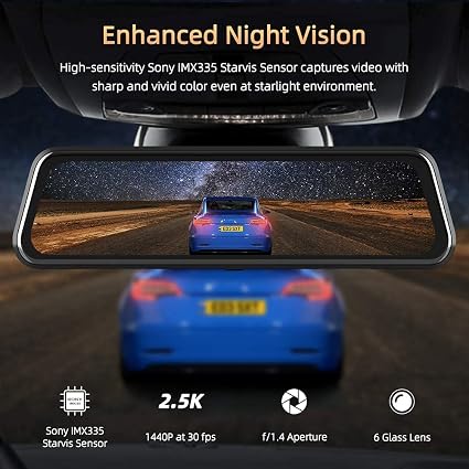 1080P Mirror Dash Cam with 10 Inch Touch Display, Front and Rear Recording Camera for Vehicles