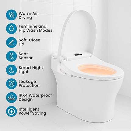 Smart Bidet Toilet Seat with Warm Seat, Dual Wash, Drying Function, and Remote Control
