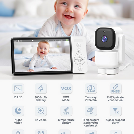 Rechargeable 5 Inch IPS Video Monitor 720P Camera with Two Way Audio and Temperature Alert
