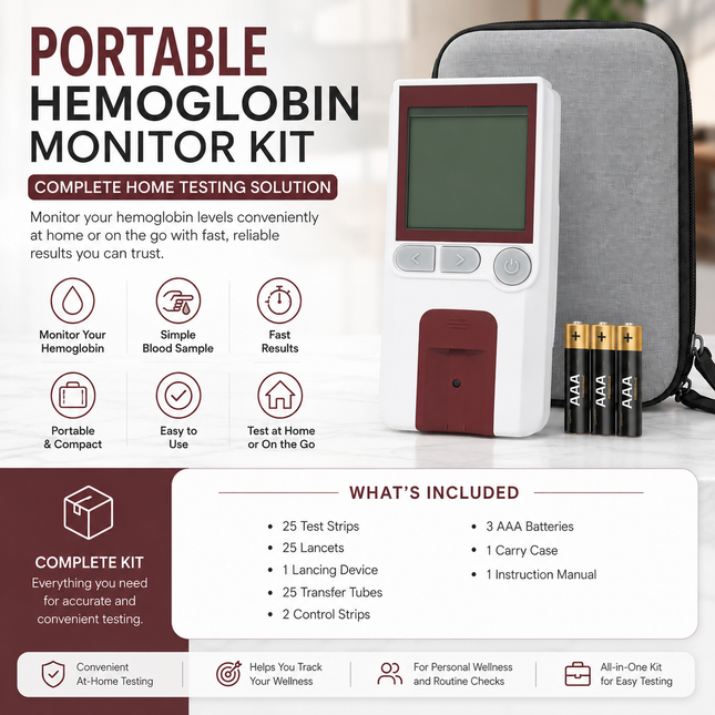 Portable Hemoglobin Monitor Kit with Test Strips, Lancets, and Carry Case White