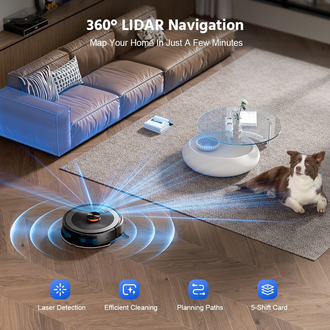 Smart Robot Vacuum and Mop with Laser Navigation, 4500Pa Suction, 140-Minute Runtime, Auto Recharge