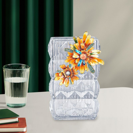 Modern Crystal Glass Flower Vase with Sunflower Cloisonne Design for Home and Event Decor