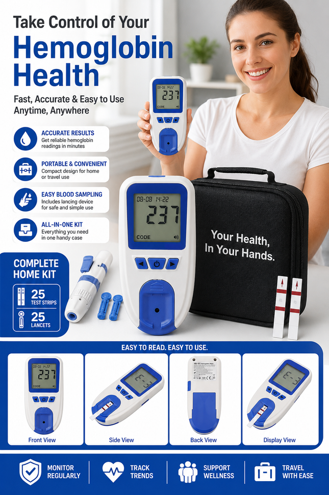 Home Hemoglobin Meter Kit with 25 Test Strips, Lancets, Lancing Device & Travel Case