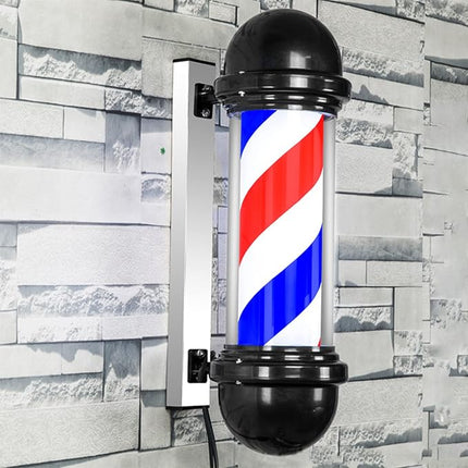Classic LED Barber Pole Open Sign with Rotating Red White Blue Stripes for Salon Wall Mount