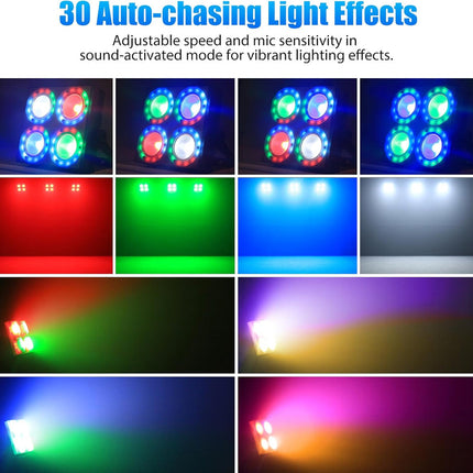 Portable 4-Eye RGBW LED Par Uplight with DMX512, Sound Activation, and Master-Slave Modes for Indoor Events