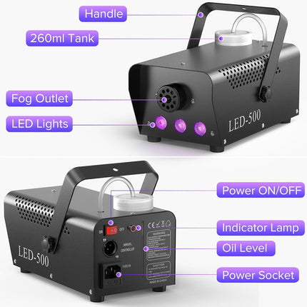 Professional 500W Smoke Machine with Multi-Colour LED Lighting & Remote Control