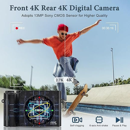 Compact 4K Digital Camera with LED Light, 64MP Photo Enhancement, 16X Zoom & Long-Lasting Battery