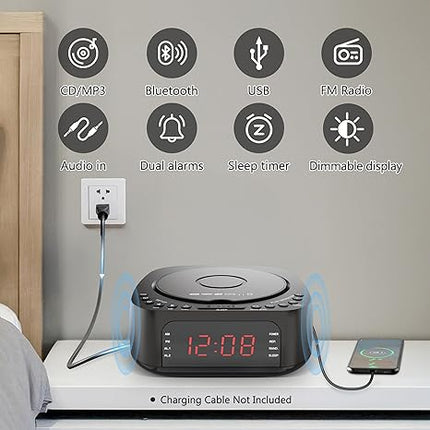 Wireless Charging CD Alarm Clock with Bluetooth, USB & FM – Dual Speaker Audio System