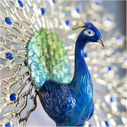 Decorative Peacock Figurine Vibrant Blue Tail Feathers Enamel Crystal Finish