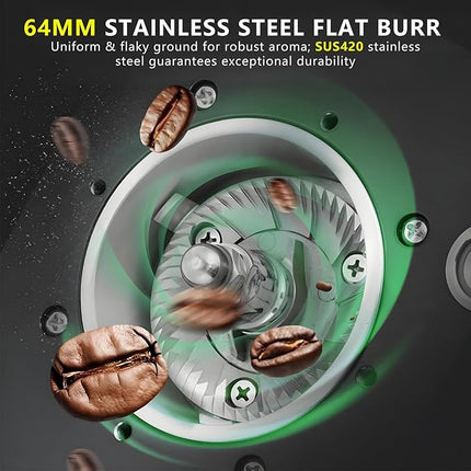 Adjustable Electric Coffee Grinder with 64mm Flat Burr and Large Bean Hopper