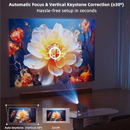Portable Smart Projector Full HD 1080P with Android 14, WiFi 6 & Bluetooth 5.4 – Multi-Angle Projection