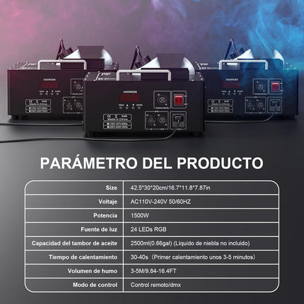 1500W High Output Fog Machine with 24 RGB LED Lights, DMX512 & Wireless Remote Control