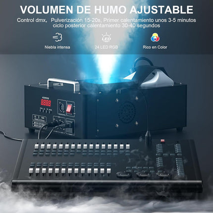 1500W High Output Fog Machine with 24 RGB LED Lights, DMX512 & Wireless Remote Control