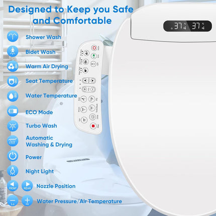Electric Bidet Toilet Seat with Remote Control, Adjustable Wash Modes & Night Light