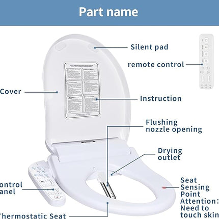 Rechargeable U-Shaped Smart Toilet Seat with Water Spray & Warm Air Drying