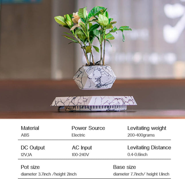 Floating Plant Pot with Magnetic Levitating Base – Rotating Imitation Marble Display for Home and Office