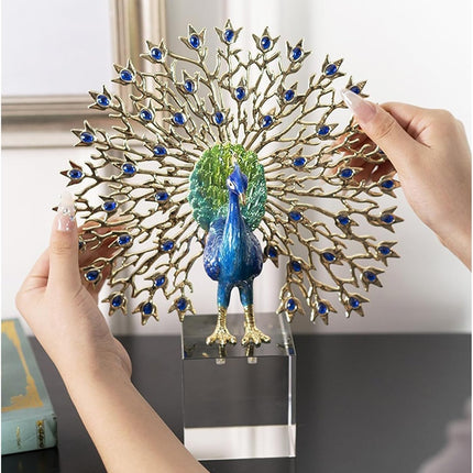 Decorative Peacock Figurine Vibrant Blue Tail Feathers Enamel Crystal Finish
