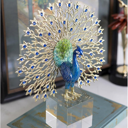 Decorative Peacock Figurine Vibrant Blue Tail Feathers Enamel Crystal Finish
