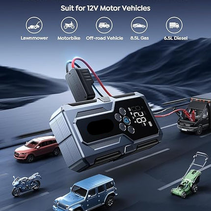 12V Portable Car Jump Starter with Digital Screen, Power Bank & Built-In Air Pump